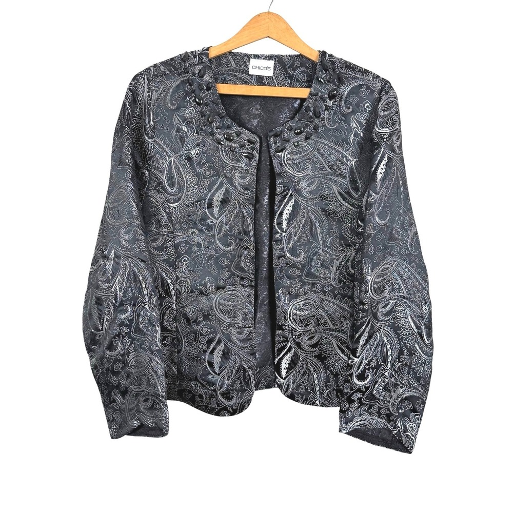 Chico's Women Floral Open Jacket Blazer Sz 12-14**READ Beaded Dark Romantic